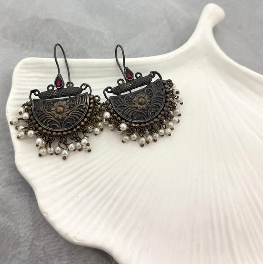 German Silver Pink Stone Dual Tone Hanging Earrings