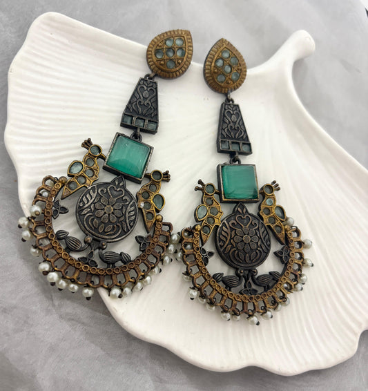 German Silver Green Stone Long Layered Hanging Earrings