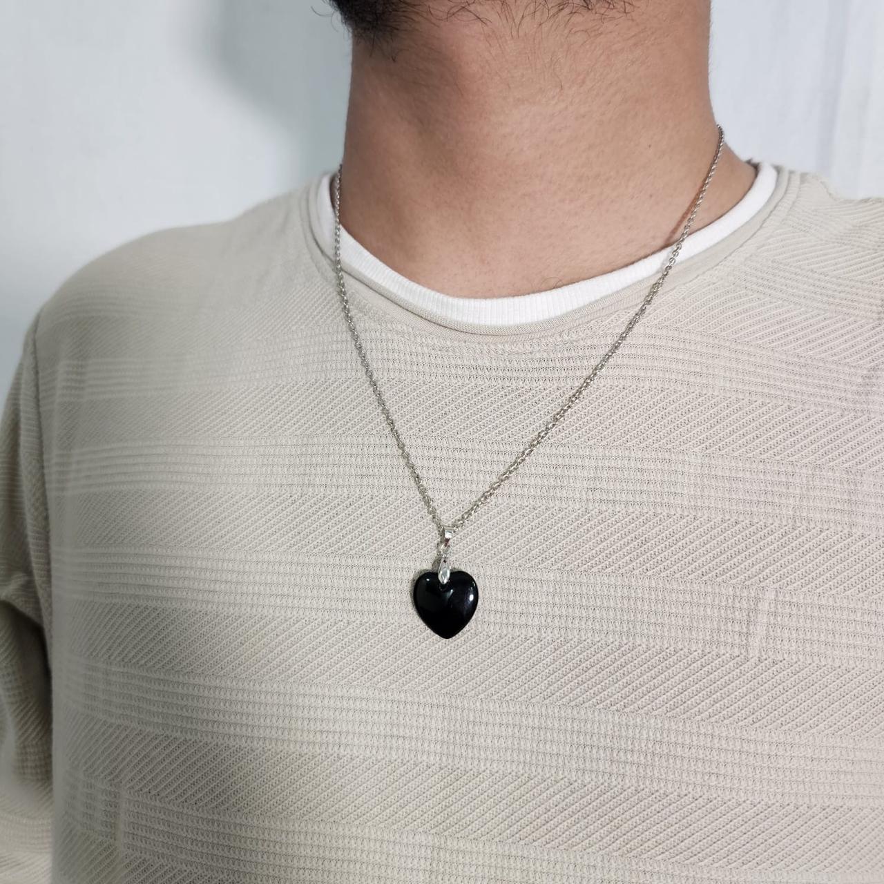 Men Black Heart Stone Chain Necklace
