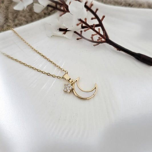 Mother of Pearl Moon & Star Charm Golden Women Necklace (Stainless Steel)