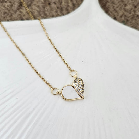Diamond Pearl Heart Golden Women Necklace (Stainless Steel)