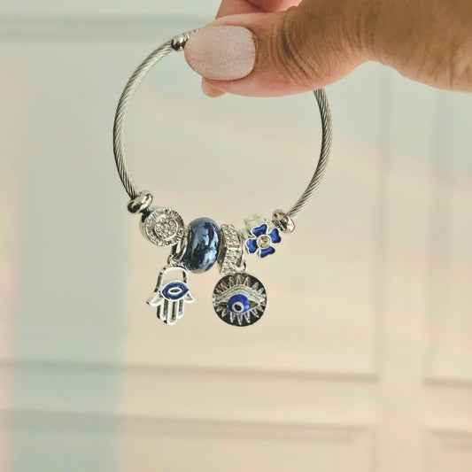 Women Navy Blue Silver Evil Eye Pandora Charm Bracelet