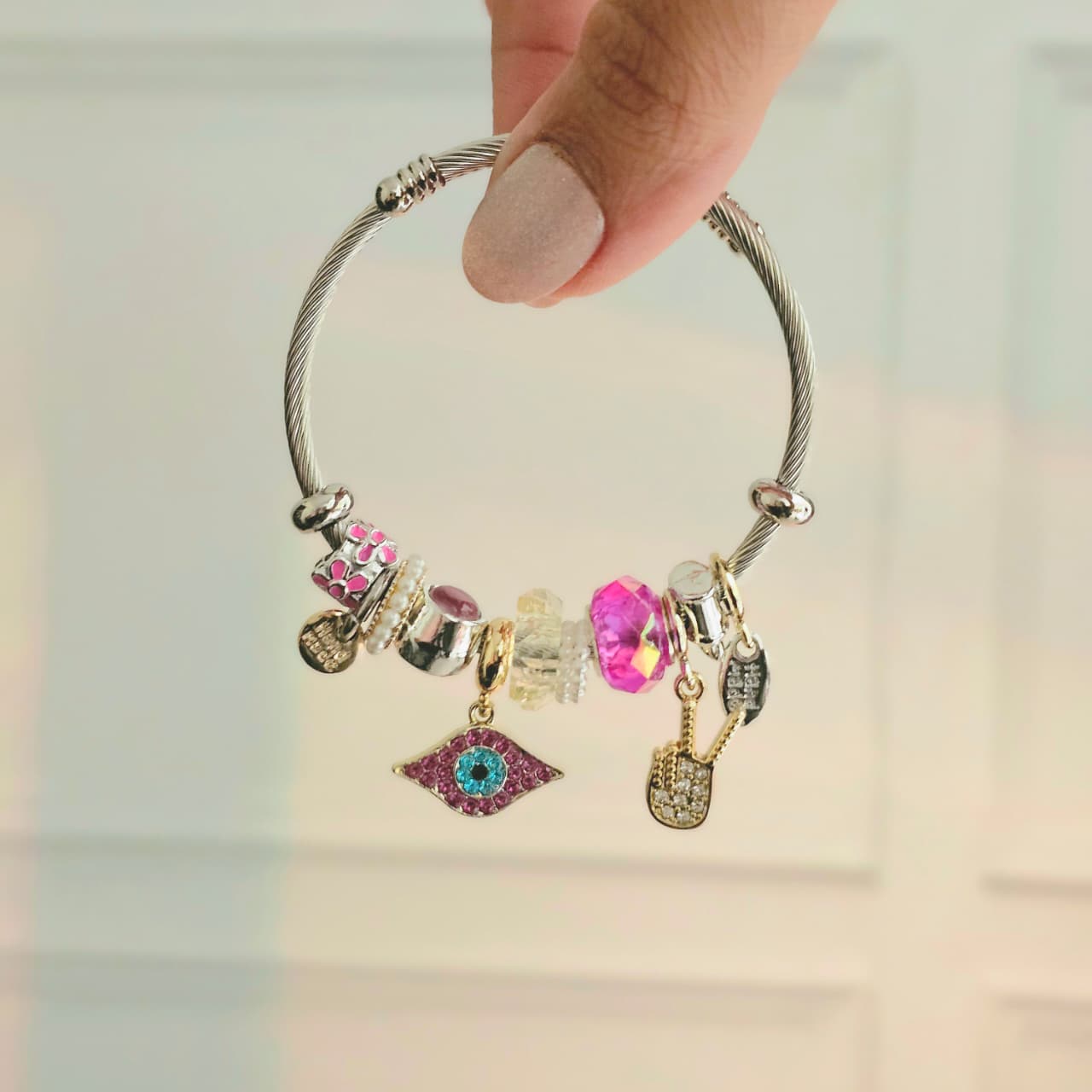 Women Pink Evil Eye Chic Pandora Charm Bracelet