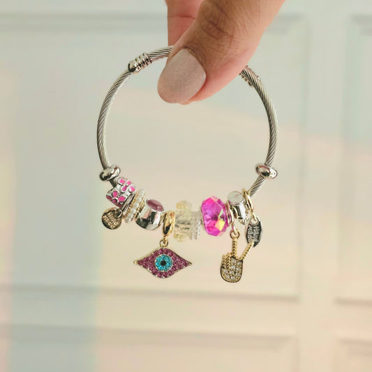Women Pink Evil Eye Chic Pandora Charm Bracelet