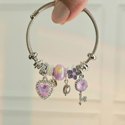 Women Lilac Flower Heart Key Pandora Charm Bracelet