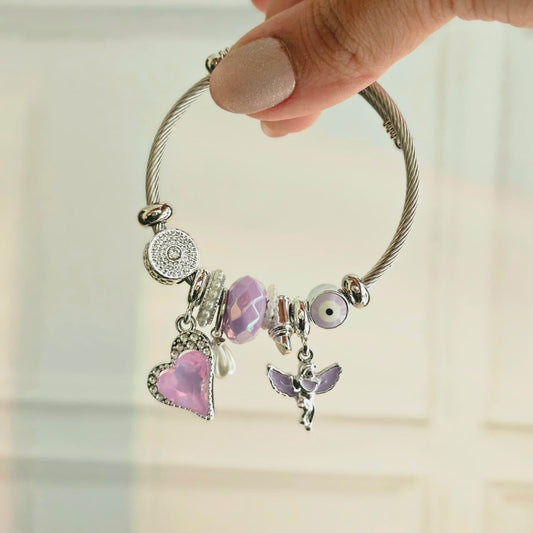 Women Angel Heart Evil Eye Lilac Pink Pandora Charm Bracelet