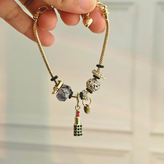 Women Black Lipstick Bead Pandora Charm Bracelet