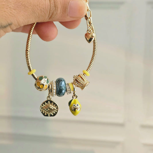 Women Yellow Blue Pandora Charm Bracelet