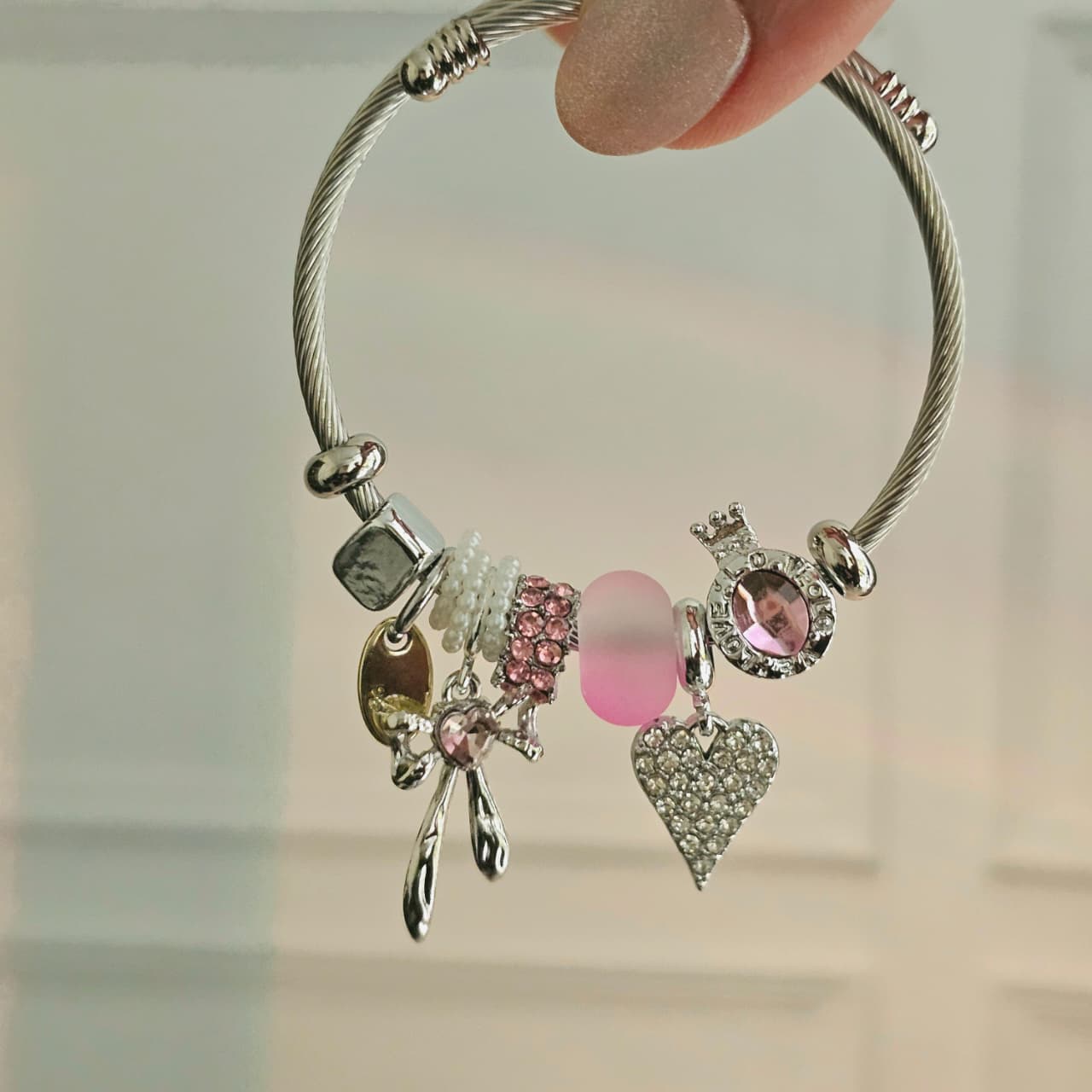 Women Silver Diamond Heart Bow Pink Pandora Bracelet