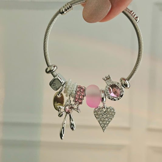 Women Silver Diamond Heart Bow Pink Pandora Bracelet