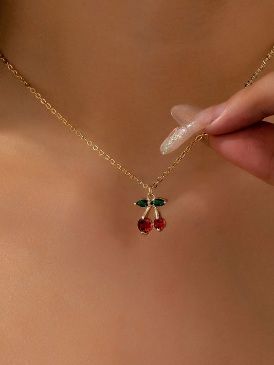 Women Crystal Cherry Charm Necklace (Anti Tarnish)