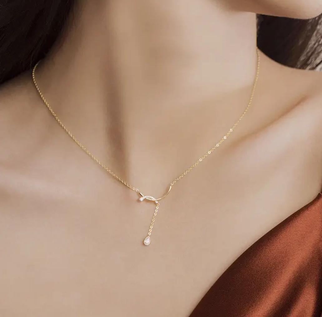 Golden  Crescent Drop Women Necklace (Anti Tarnish)