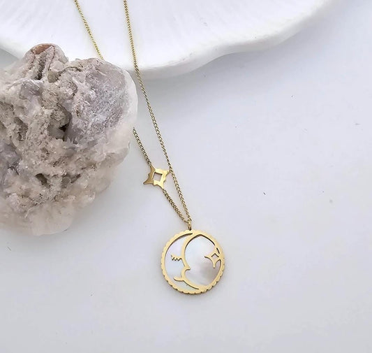 Golden Moon & Star Pendant Women Necklace (Anti Tarnish)