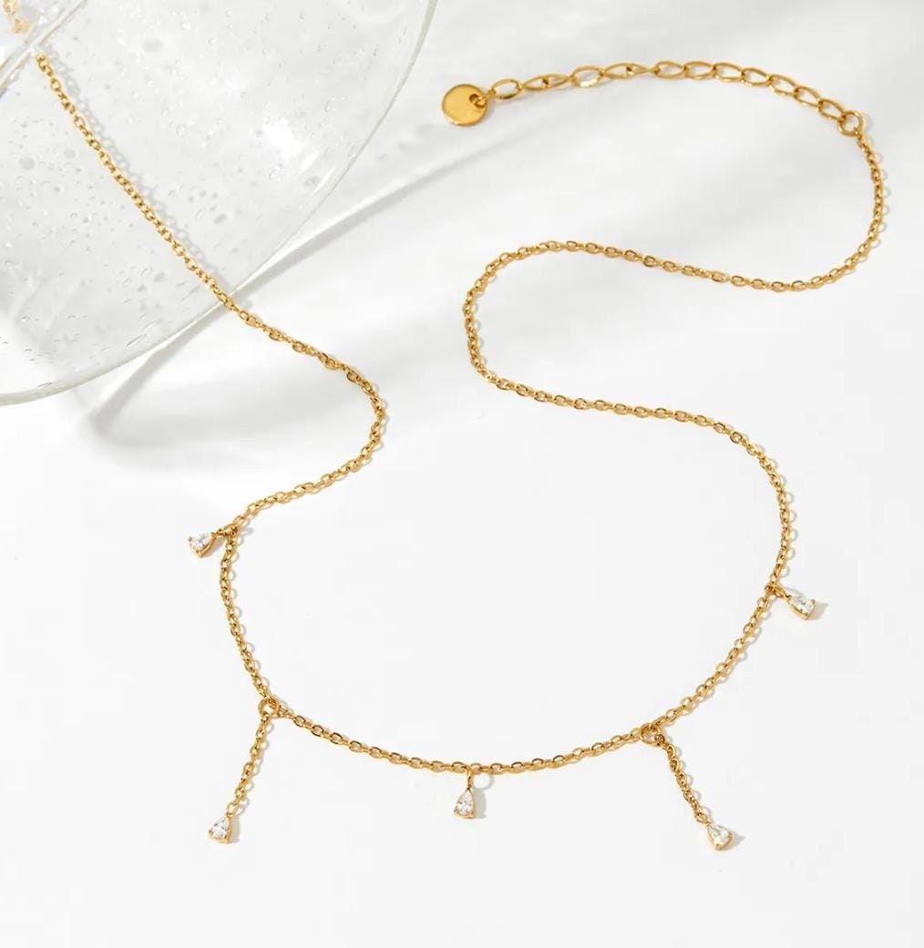 Golden Dangling Teardrop Crystal Women Necklace (Anti Tarnish)