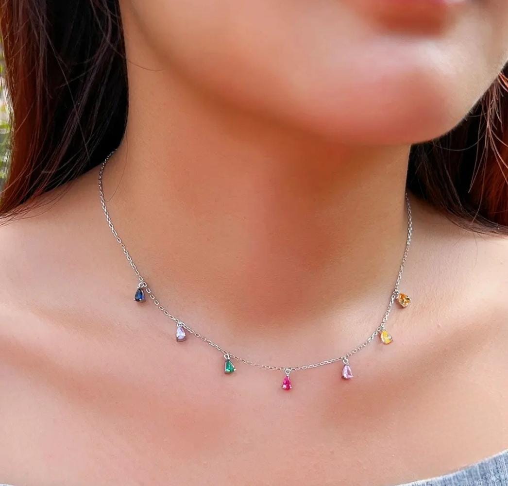 Silver Rainbow Drops Women Necklace (Anti Tarnish)