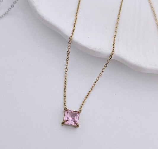 Women Pink Square Stone Necklace (Anti Tarnish)