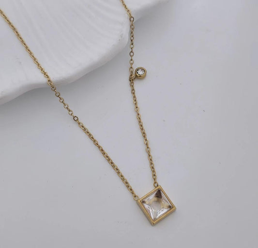 Women White Square Stone Minimal Necklace (Anti Tarnish)