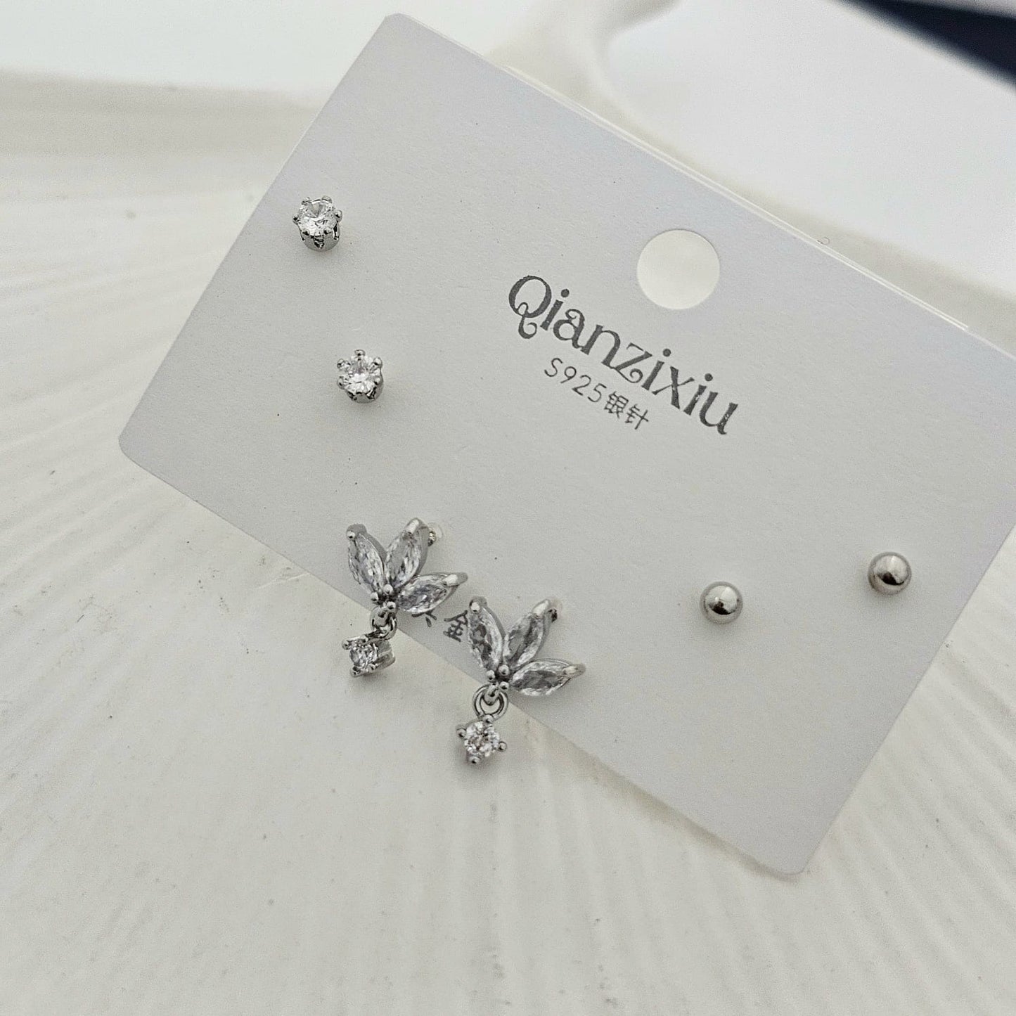 Silver Leaf Drop Hanging Studs Set (Set of 3)