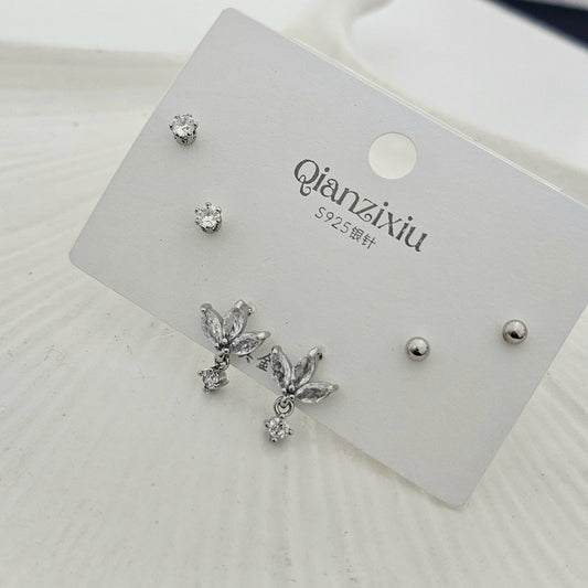 Silver Leaf Drop Hanging Studs Set (Set of 3)