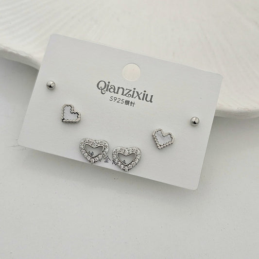 Silver Pixel Heart Studs Set (Set of 3)