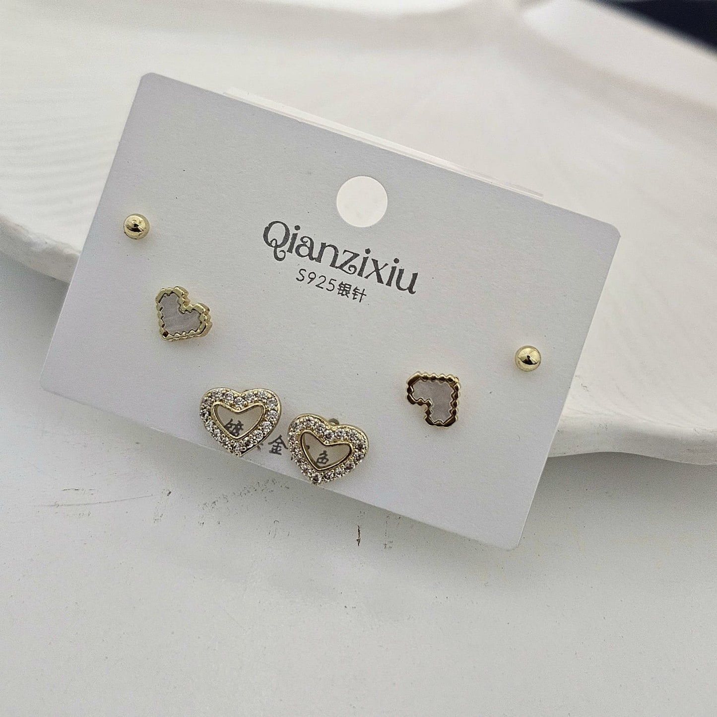 Golden Pixel Heart Studs Set (Set of 3)