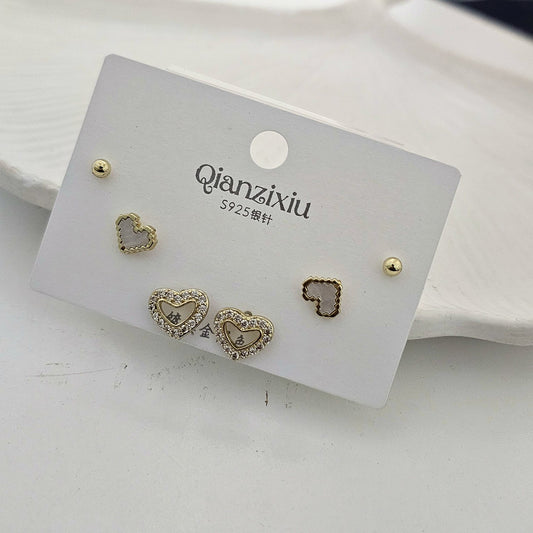 Golden Pixel Heart Studs Set (Set of 3)
