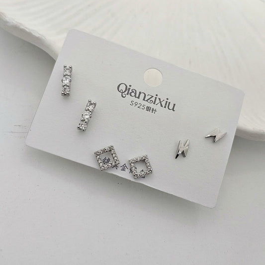 Silver Lightening Square Studs Set (Set of 3)