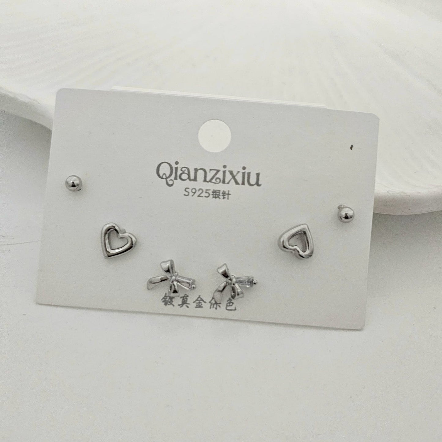 Bow Heart Studs Set (Set of 3)