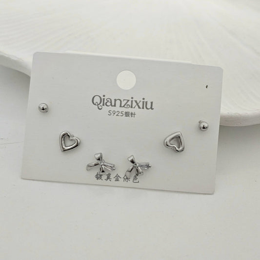 Bow Heart Studs Set (Set of 3)