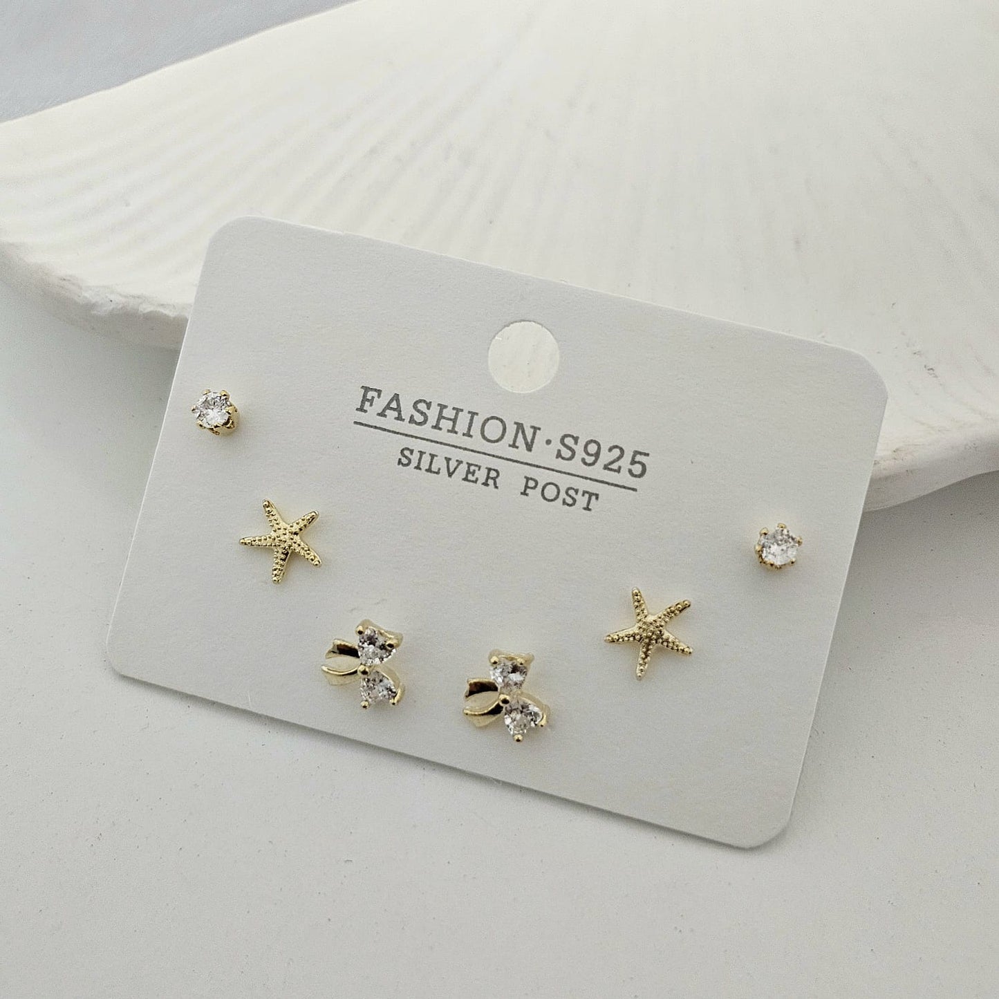 Golden Bow Starfish Studs Set (Set of 3)