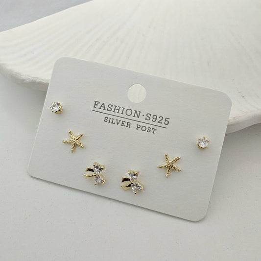 Golden Bow Starfish Studs Set (Set of 3)