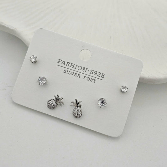 Silver Pineapple Studs Set (Set of 3)