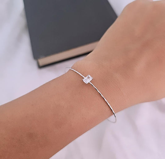 Silver Rectangle Stone Delicate Solitaire Kada Bangle