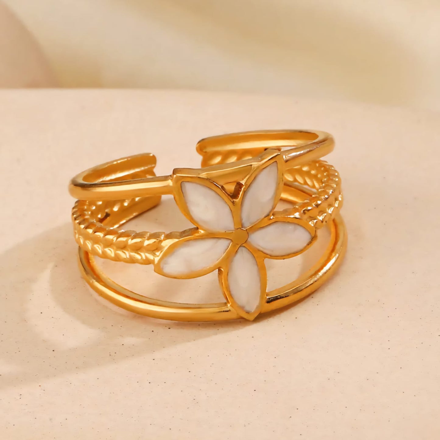 White Enamel Flower Layered Ring(Adjustable)