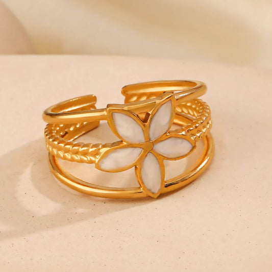 White Enamel Flower Layered Ring(Adjustable)