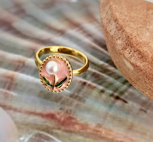 Pink Pearl Flower Enamel Ring