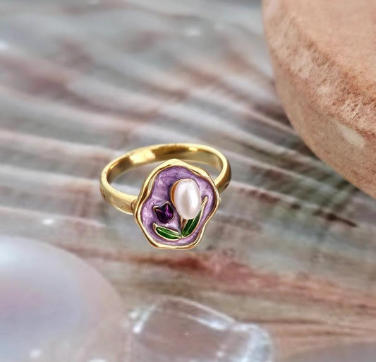 Purple Flower Enamel Ring (Adjustable)