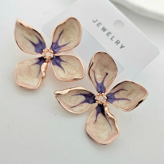 White Purple Enamel Flower Earrings