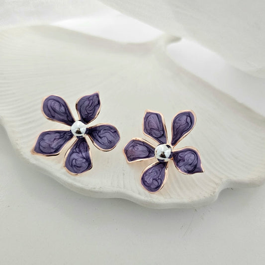 Enamel Silver Pearl Flower Studs Earrings
