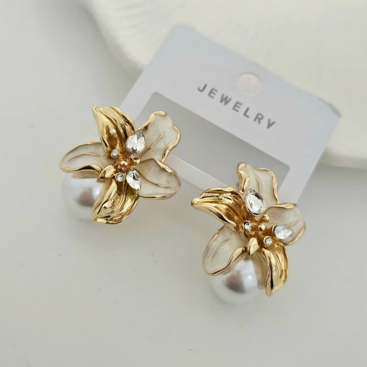 White Statement Pearl Flower Enamel Earrings