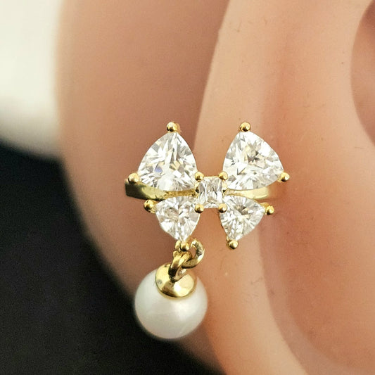 Diamond Bow with Hanging pearl Earcuff (Single Ear)