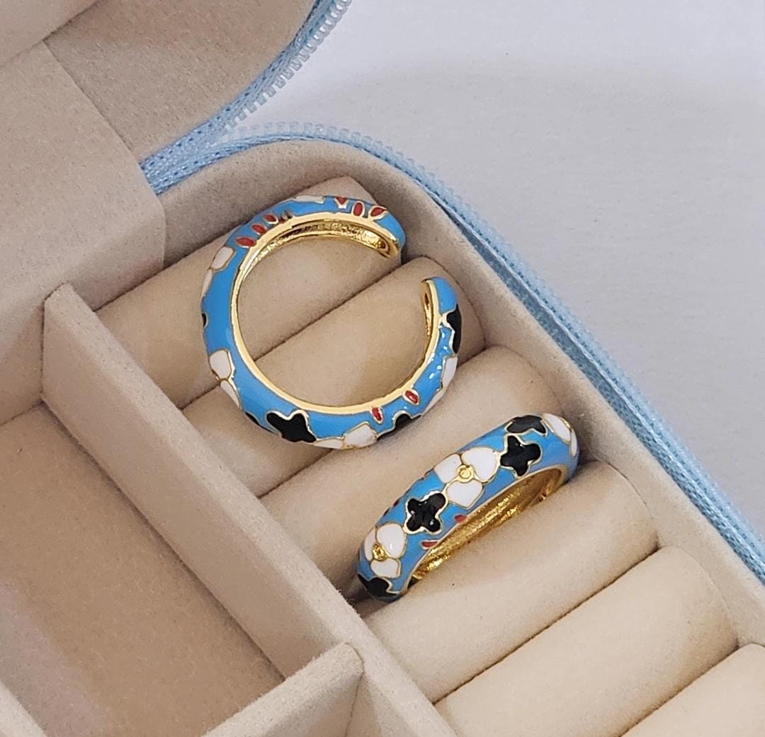 Blue White Black Enamel Ring ( Adjustable )