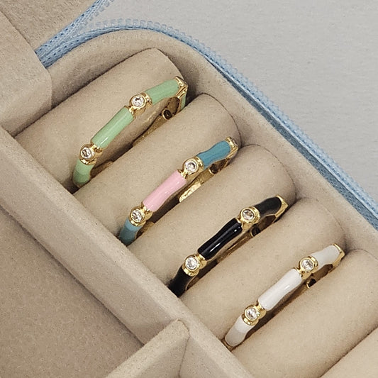 Diamond Bamboo Enamel Ring - Adjustable