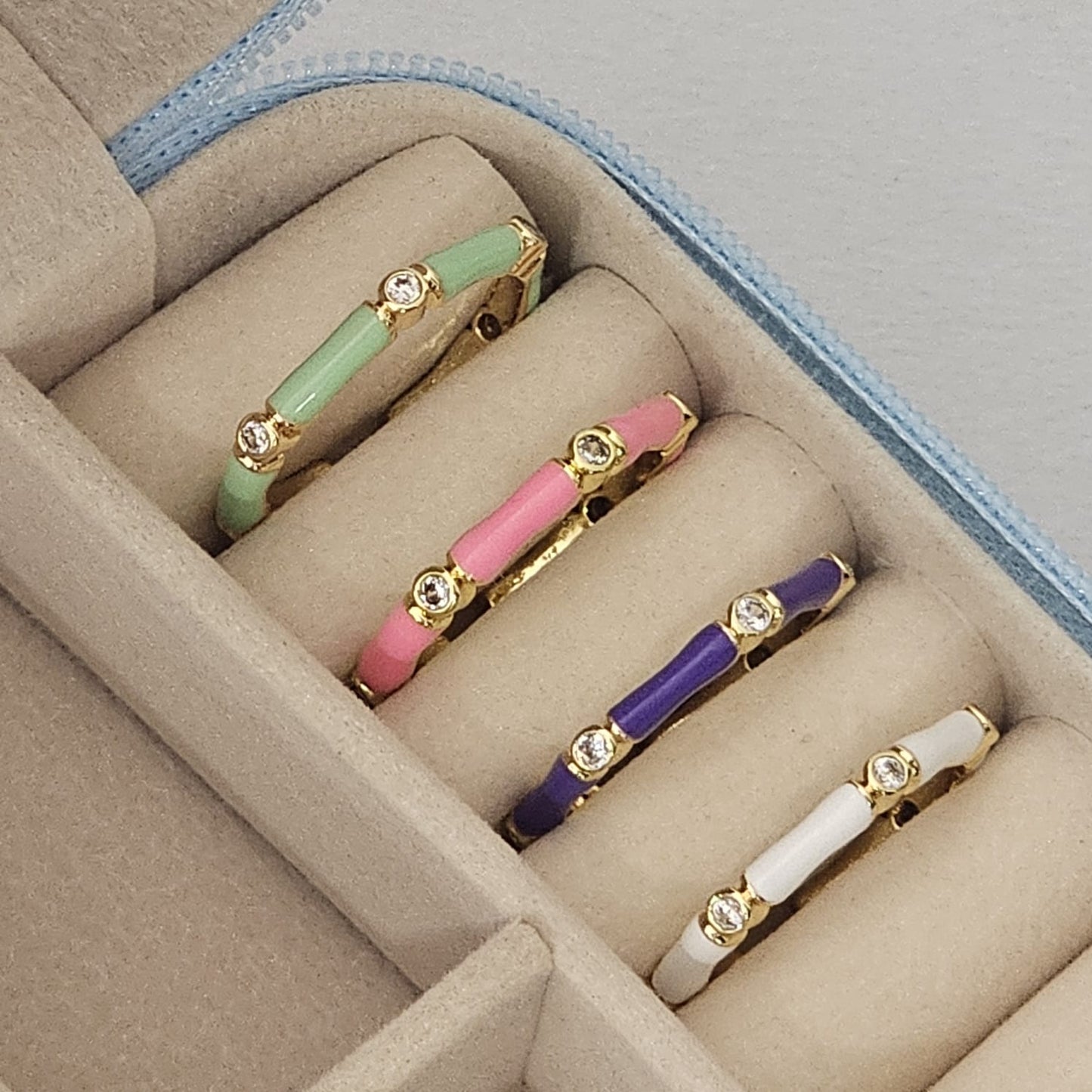 Diamond Bamboo Enamel Ring - Adjustable
