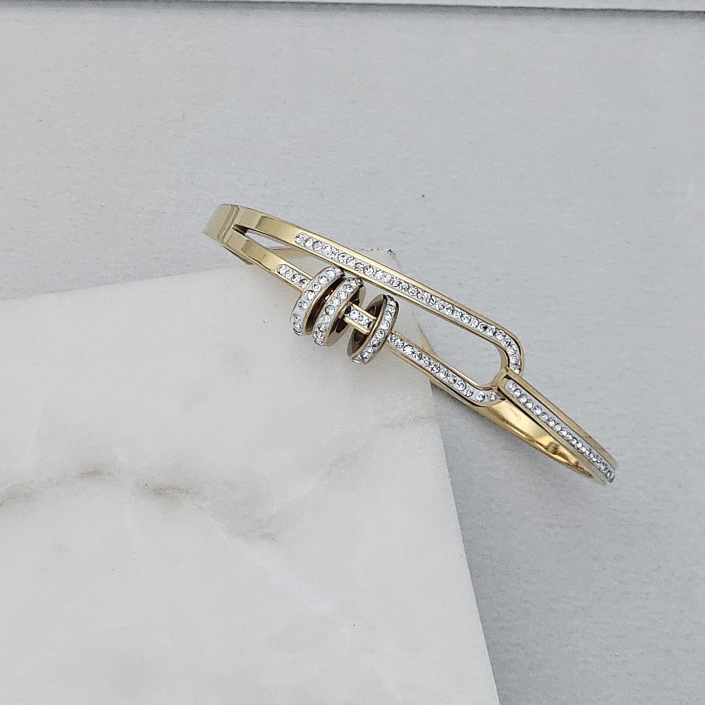 Golden Diamond Three Ring Band Kada Bracelet (Anti Tarnish) (Small Size)