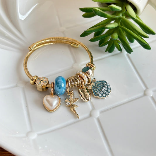 Women Golden Blue Shell Pandora Charm Bracelet