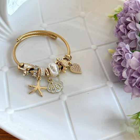 Women Golden White Pink Shell Pandora Charm Bracelet