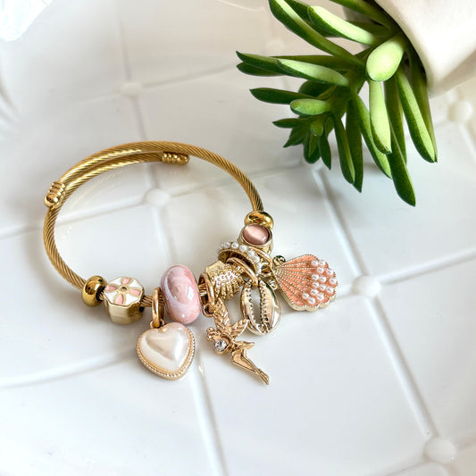 Women Golden Pink Shell Pandora Charm Bracelet