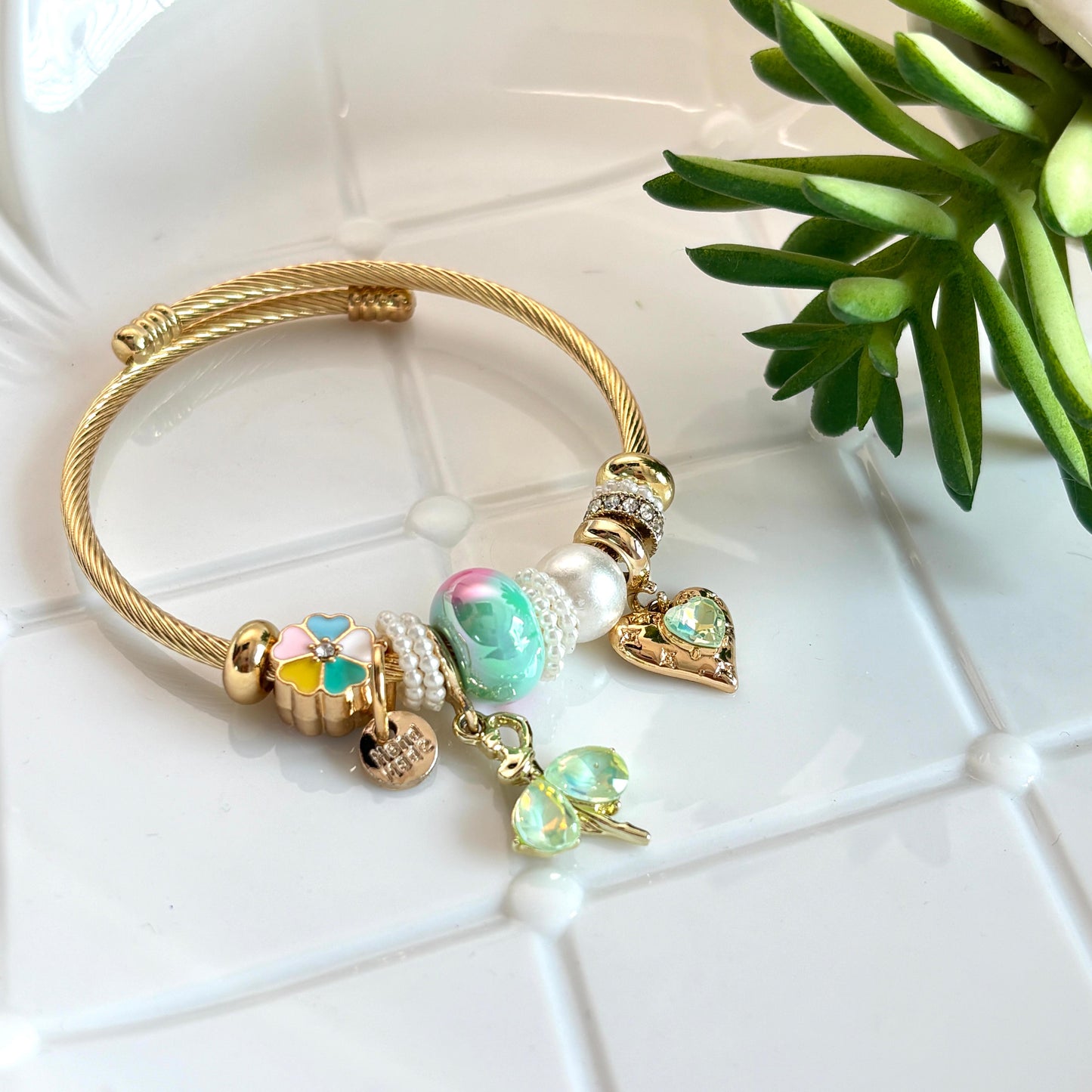 Women Golden Colourful Flower Pandora Charm Bracelet