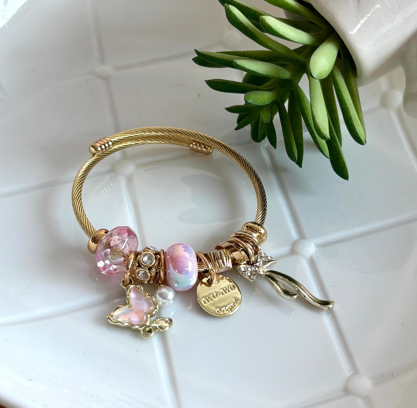 Women Golden Pink Bow Pandora Charm Bracelet